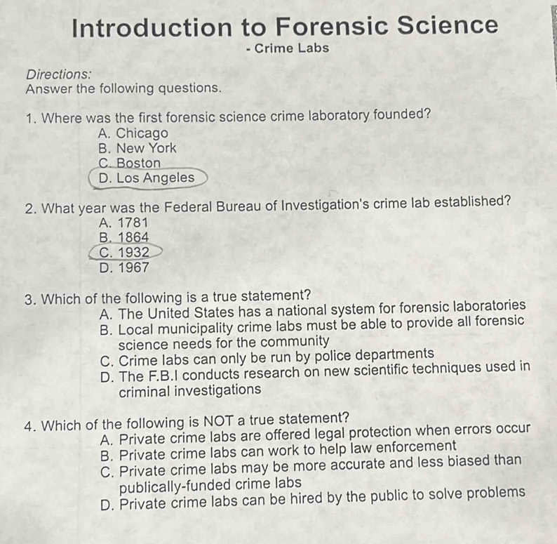 Solved: Introduction to Forensic Science Crime Labs Directions: Answer ...