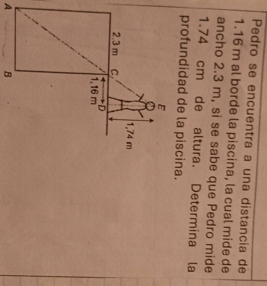 Pedro se encuentra a una distancia de
1.16 m al borde la piscina, la cual mide de 
ancho 2.3 m, si se sabe que Pedro mide
1.74 cm de altura. Determina la 
profundidad de la piscina. 
E 
I
1,74 m
2,3 m C, 
D
1,16 m
A 
B