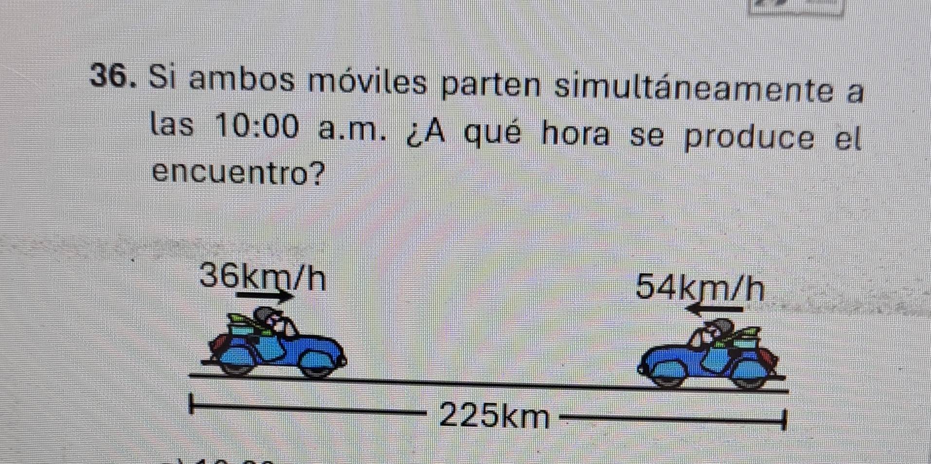 Si ambos móviles parten simultáneamente a 
las 10:00 a.m. ¿A qué hora se produce el 
encuentro?