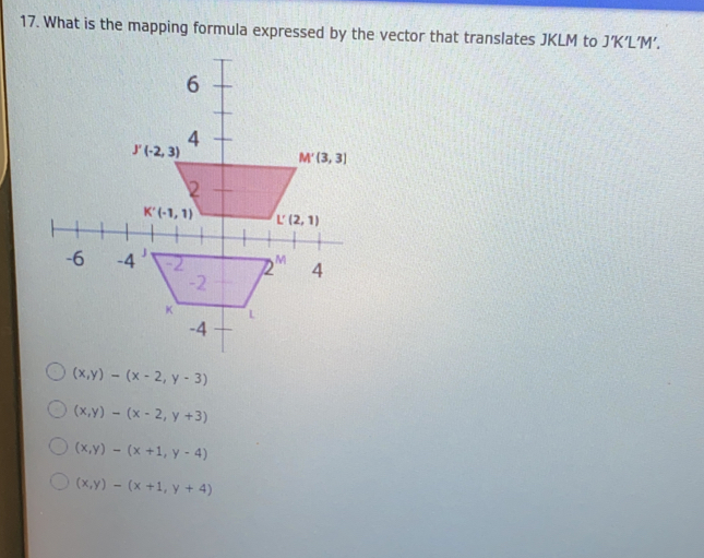 What is the mapping formula expressed by the vector that translates JKLM to J’K’L’M’.
(x,y)-(x-2,y-3)
(x,y)-(x-2,y+3)
(x,y)-(x+1,y-4)
(x,y)-(x+1,y+4)