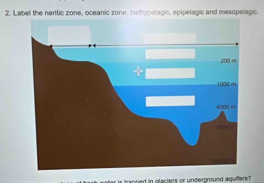 Label the neritic zone, oceanic zone, bathypelagic, epipelagic and mesopelagic. 
is tranned in glaciers or underground aquifers?