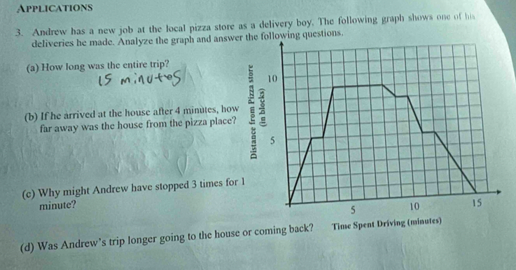 Applications 
3. Andrew has a new job at the local pizza store as a delivery boy. The following graph shows one of his 
deliveries he made. Analyze the graph and answer the following questions. 
(a) How long was the entire trip? 
10 
(b) If he arrived at the house after 4 minutes, how ξ : 
far away was the house from the pizza place? 
5 
(c) Why might Andrew have stopped 3 times for 1
minute? 10 15
5 
(d) Was Andrew’s trip longer going to the house or coming back? Time Spent Driving (minutes)