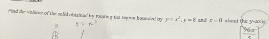 Find the volume of the solid obtained by rotating the region bounded by y=x^3, y=8 and x=0 about the y-axis.
 96π /5 ]