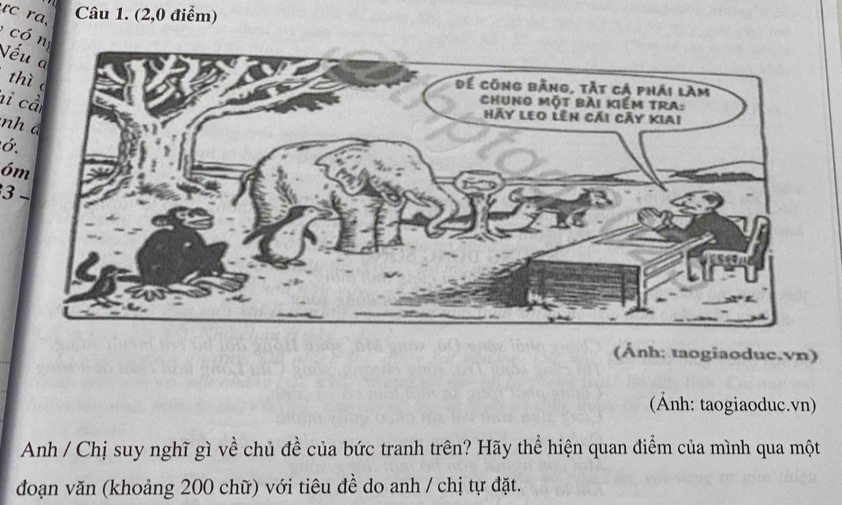 rc ra, 
Câu 1. (2,0 điểm) 
có n 
Nếu a 
thì 
hi cầ 
nh à 
ớ. 
óm 
3- 
(Ánh: taogiaoduc.vn) 
(Ánh: taogiaoduc.vn) 
Anh / Chị suy nghĩ gì về chủ đề của bức tranh trên? Hãy thể hiện quan điểm của mình qua một 
đoạn văn (khoảng 200 chữ) với tiêu đề do anh / chị tự đặt.