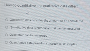 How do quantitative and qualitative data differ?
Qualitative data provides the amount to be considered
Quantitative data is numerical so it can be measured
Qualitative can be measured
Quantitative data provides a categorical description