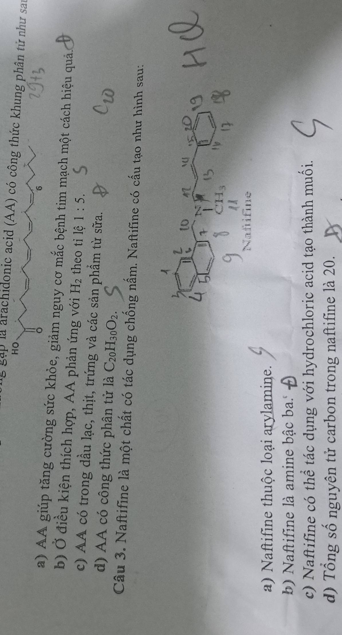 gap la arachidonic acid (AA) có công thức khung phân tử như sau
HO
6
a) AA giúp tăng cường sức khỏe, giảm nguy cơ mắc bệnh tim mạch một cách hiệu quả.
b) Ở điều kiện thích hợp, AA phản ứng với H_2 theo tỉ lệ 1:5.
c) AA có trong dầu lạc, thịt, trứng và các sản phẩm từ sữa.
d) AA có công thức phân tử là C_20H_30O_2. 
Câu 3. Naftifine là một chất có tác dụng chống nấm. Naftifine có cấu tạo như hình sau:
a) Naftifine thuộc loại arylamine.
b) Naftifine là amine bậc ba.
c) Naftifine có thể tác dụng với hydrochloric acid tạo thành muối.
d) Tổng số nguyên tử carbon trong naftifine là 20.