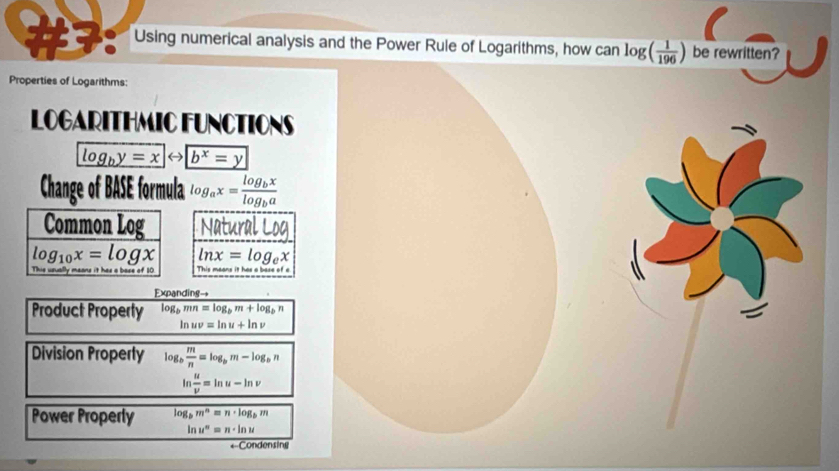 Using numerical analysis and the Power Rule of Logarithms, how can log ( 1/196 ) be rewritten?
Properties of Logarithms:
LOGARITHMIC FUNCTIONS
log _by=x b^x=y
Change of BASE formula log _ax=frac log _bxlog _ba
Natural
ln x=log _ex
n
Expanding→
Product Property log _bmn=log _bm+log _bn
ln uv=ln u+ln v
Division Properly log _b m/n =log _bm-log _bn
ln  u/v =ln u-ln v
Power Properly log _bm^n=n· log _bm
ln u^n=n· ln u
Condensing