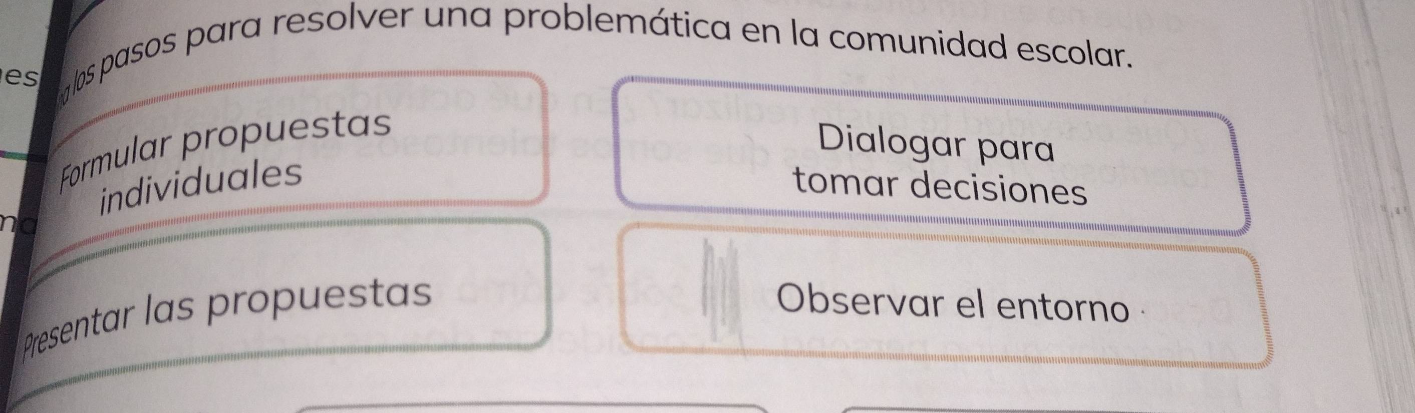 los pasos para resolver una problemática en la comunidad escolar. 
Formular propuestas 
Dialogar para 
individuales tomar decisiones 
nd 
Presentar las propuestas 
Observar el entorno