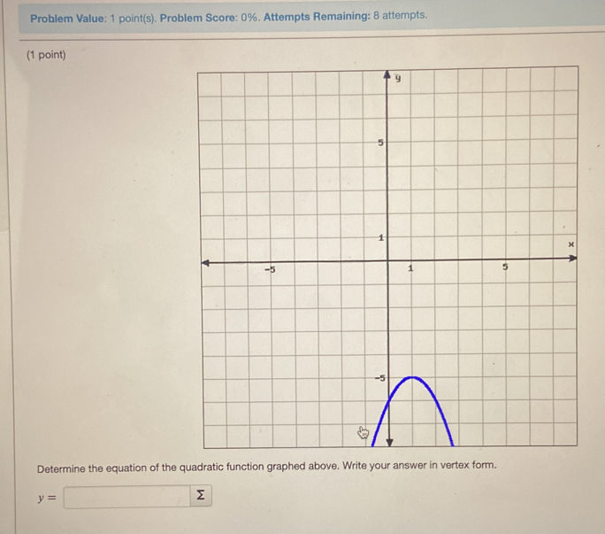 Problem Value: 1 point(s). Problem Score: 0%. Attempts Remaining: 8 attempts. 
(1 point) 
Determine the equation of the quadratic function graphed above. W
y=□ sumlimits