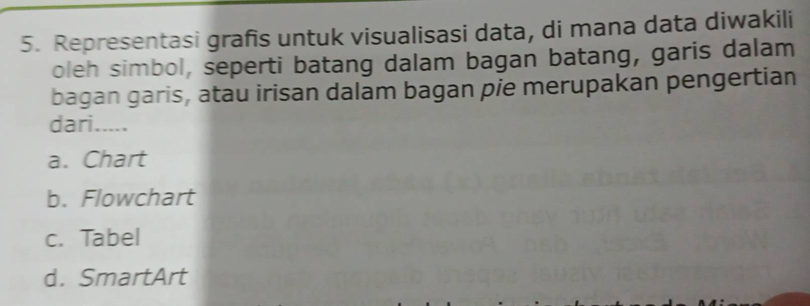 Representasi grafis untuk visualisasi data, di mana data diwakili
oleh simbol, seperti batang dalam bagan batang, garis dalam
bagan garis, atau irisan dalam bagan pie merupakan pengertian
dari.....
a. Chart
b. Flowchart
c. Tabel
d. SmartArt