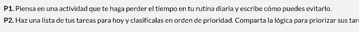 P1. Piensa en una actividad que te haga perder el tiempo en tu rutina diaria y escribe cómo puedes evitarlo. 
P2. Haz una lista de tus tareas para hoy y clasifícalas en orden de prioridad. Comparta la lógica para priorizar sus tar