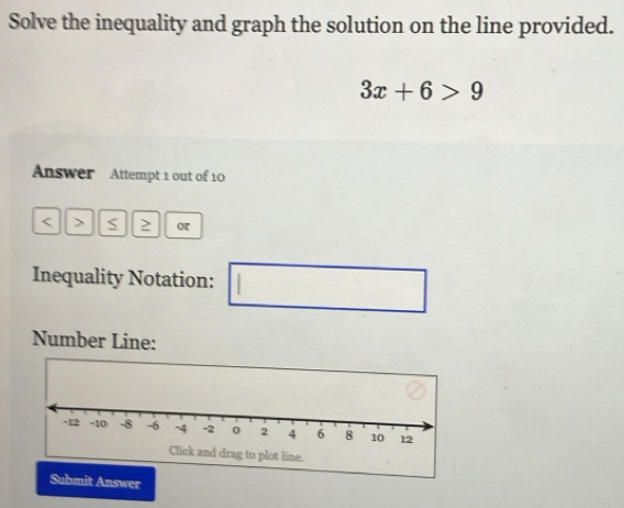 Solve the inequality and graph the solution on the line provided.
3x+6>9
Answer Attempt 1 out of 10 
< > S 2 or 
Inequality Notation: 1 □ 
Number Line: 
Submit Answer