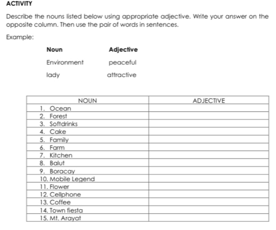 ACTIVITY 
Describe the nouns listed below using appropriate adjective. Write your answer on the 
opposite column. Then use the pair of words in sentences. 
Example: 
Noun Adjective 
Environment peaceful 
lady attractive