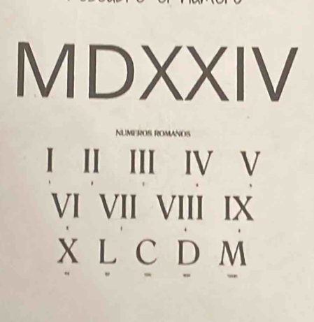 MDXXIV 
NUMEROS ROMANOS 
I II III IV V 
VI VII VIII IX 
X L C D M