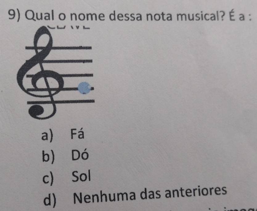 Qual o nome dessa nota musical? É a :
a) Fá
b) Dó
c) Sol
d) Nenhuma das anteriores