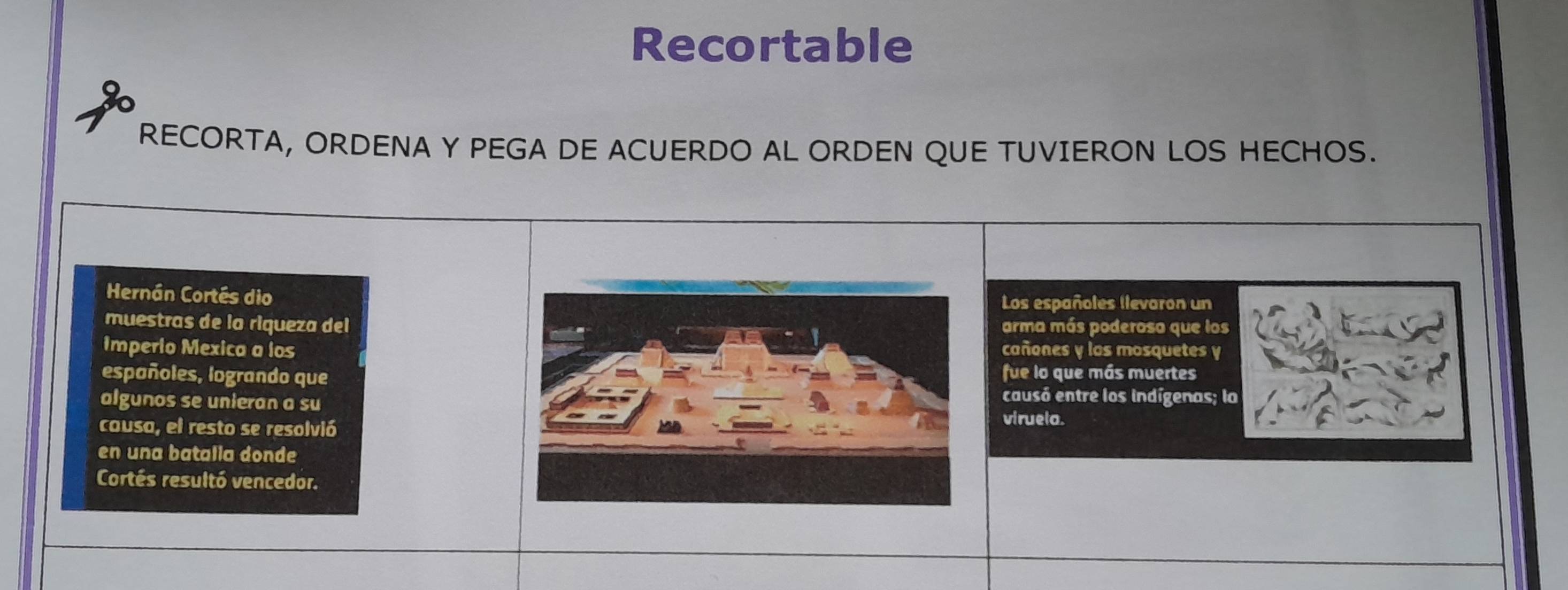 Recortable 
RECORTA, ORDENA Y PEGA DE ACUERDO AL ORDEN QUE TUVIERON LOS HECHOS. 
Hernán Cortés dio 
Los españoles llevaron un 
muestras de la riqueza del arma más poderosa que los 
Imperio Mexica a los cañones y los mosquetes y 
españoles, logrando que fue lo que más muertes 
algunos se unieran a su 
causó entre los indígenas; la 
causa, el resto se resolvió 
viruelo. 
en una batalía donde 
Cortés resultó vencedor.