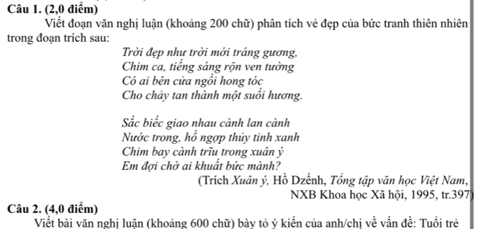 (2,0 điểm) 
Viết đoạn văn nghị luận (khoảng 200 chữ) phân tích vẻ đẹp của bức tranh thiên nhiên 
trong đoạn trích sau: 
Trời đẹp như trời mới tráng gương, 
Chim ca, tiếng sáng rộn ven tường 
Có ai bên cửa ngồi hong tóc 
Cho chảy tan thành một suổi hương. 
Sắc biếc giao nhau cành lan cành 
Nước trong, hồ ngợp thủy tinh xanh 
Chim bay cành trĩu trong xuân ý
Em đợi chờ ai khuất bức mành? 
(Trích Xuân ý, Hồ Dzếnh, Tổng tập văn học Việt Nam, 
NXB Khoa học Xã hội, 1995, tr.397 
Câu 2. (4,0 điểm) 
Viết bài văn nghị luận (khoảng 600 chữ) bày tỏ ý kiến của anh/chị về vấn đề: Tuổi trẻ