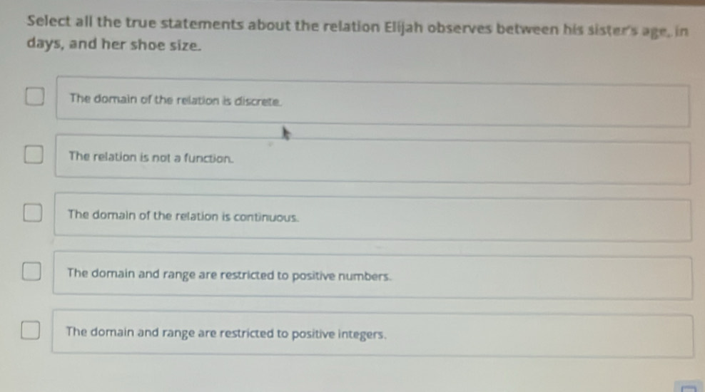 Select all the true statements about the relation Elijah observes between his sister's age, in
days, and her shoe size.
The domain of the relation is discrete.
The relation is not a function.
The domain of the relation is continuous.
The domain and range are restricted to positive numbers.
The domain and range are restricted to positive integers.