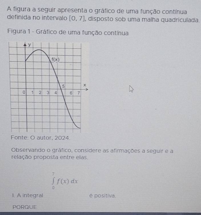 A figura a seguir apresenta o gráfico de uma função contínua
definida no intervalo [0,7] , disposto sob uma malha quadriculada.
Figura 1 - Gráfico de uma função contínua
Fonte: O autor, 2024.
Observando o gráfico, considere as afirmações a seguir e a
relação proposta entre elas.
∈tlimits _0^7f(x)dx
I. A integral é positiva.
PORQUE