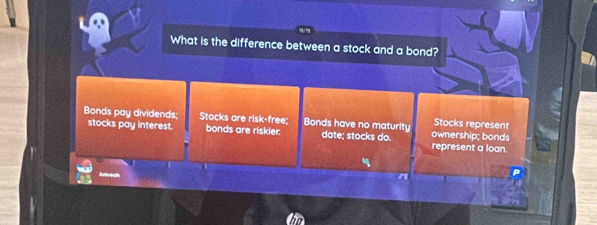 What is the difference between a stock and a bond?
Bonds pay dividends; Stocks are risk-free; Bonds have no maturity ownership; bonds
Stocks represent
stocks pay interest. bonds are riskier. date; stocks do.
represent a loan.