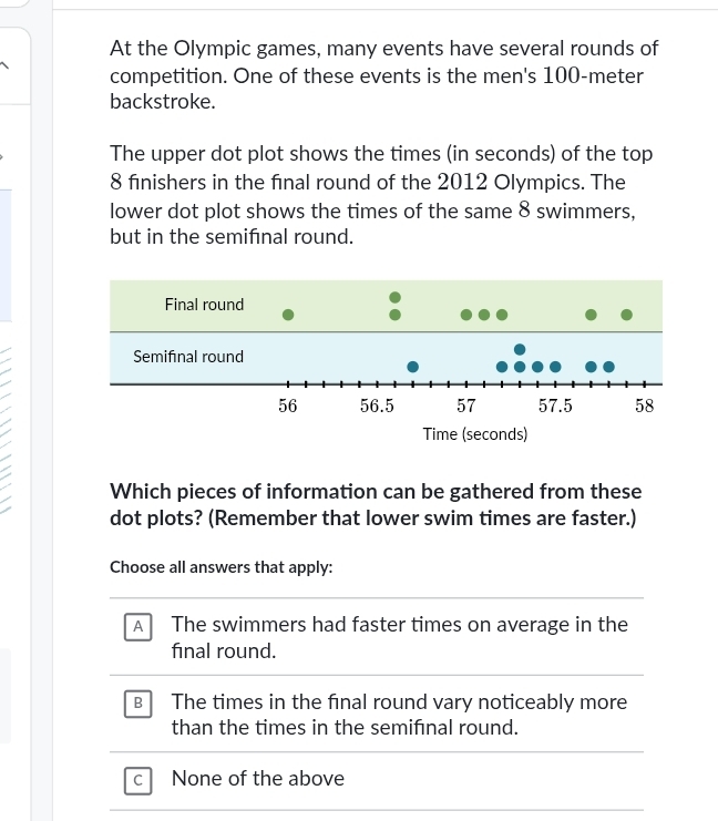 At the Olympic games, many events have several rounds of
competition. One of these events is the men's 100-meter
backstroke.
The upper dot plot shows the times (in seconds) of the top
8 finishers in the final round of the 2012 Olympics. The
lower dot plot shows the times of the same 8 swimmers,
but in the semifınal round.
Which pieces of information can be gathered from these
dot plots? (Remember that lower swim times are faster.)
Choose all answers that apply:
A The swimmers had faster times on average in the
final round.
B The times in the final round vary noticeably more
than the times in the semifnal round.
C None of the above