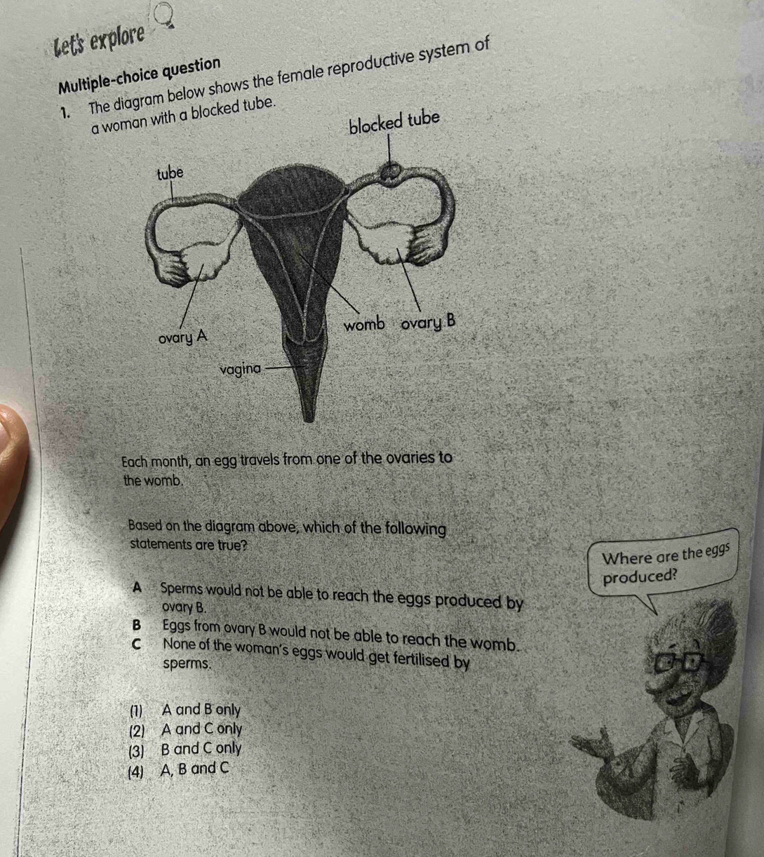 Let's explore
Multiple-choice question 1. The d below shows the female reproductive system of
a wo
Each month, an egg travels from one of the ovaries to
the womb.
Based on the diagram above, which of the following
statements are true?
Where are the eggs
produced?
A Sperms would not be able to reach the eggs produced by
ovary B.
B Eggs from ovary B would not be able to reach the womb.
C None of the woman's eggs would get fertilised by
sperms.
(1) A and B only
(2) A and C only
(3) B and C only
(4) A, B and C