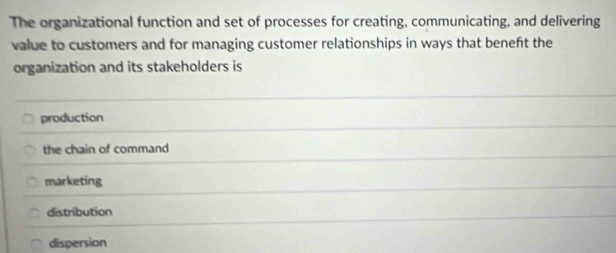 The organizational function and set of processes for creating, communicating, and delivering
value to customers and for managing customer relationships in ways that beneft the
organization and its stakeholders is
production
the chain of command
marketing
distribution
dispersion