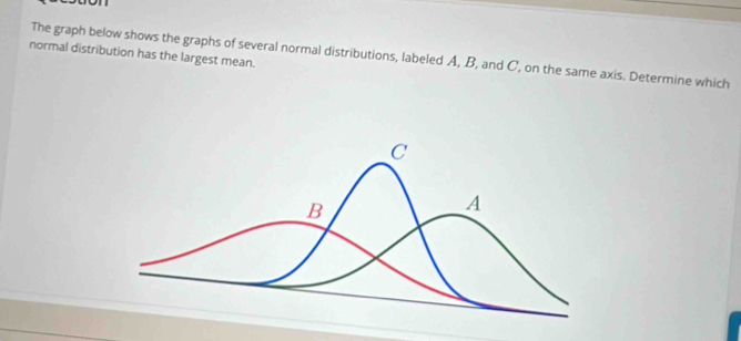 on 
normal distribution has the largest mean. 
The graph below shows the graphs of several normal distributions, labeled A, B, and C, on the same axis. Determine which