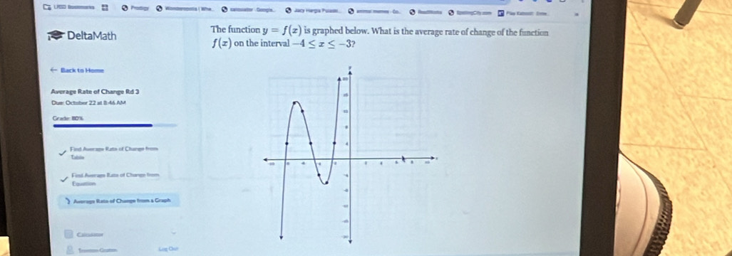 a H T aa 
=ling f ==== 
DeltaMath The function y=f(x) is graphed below. What is the average rate of change of the function
f(x) on the interval -4≤ x≤ -3
Back to Hor== 
Average Rate of Change Rd 3
Due: October 22 at I:46 AM 
Gradte: 180%
Ft A e eto of Cn t 
Table 
Fied Averags Bats of Change from 
Equation 
Avorago Rate of Change from a Graph 
Caleidator 
Trman Grtn