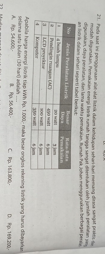 4, 0 A
21. Pada saat ini penggunaan alat-alat listrik dalam kehidupan sehari-hari memang dirasa sangat praktis da
mudah digunakan. Pemakaian energi listrik rumah tangga sangat ditentukan oleh jumlah peralatan yang
digunakan, daya peralatan, dan lama waktu pemakaian. Rumah Pak Johan menggunakan berbagai peralat
an listrik dalam sehari seperti tab
Apabila harga energi listrik tiap kWh Rp. 1.000,- maka besar ongkos rekening listrik yang harus dibayarkan
selama satu bulan (30 hari) adalah ….
A. Rp. 54.600,- B. Rp. 56.400,- C. Rp. 163.800,- D. Rp. 169.200,-