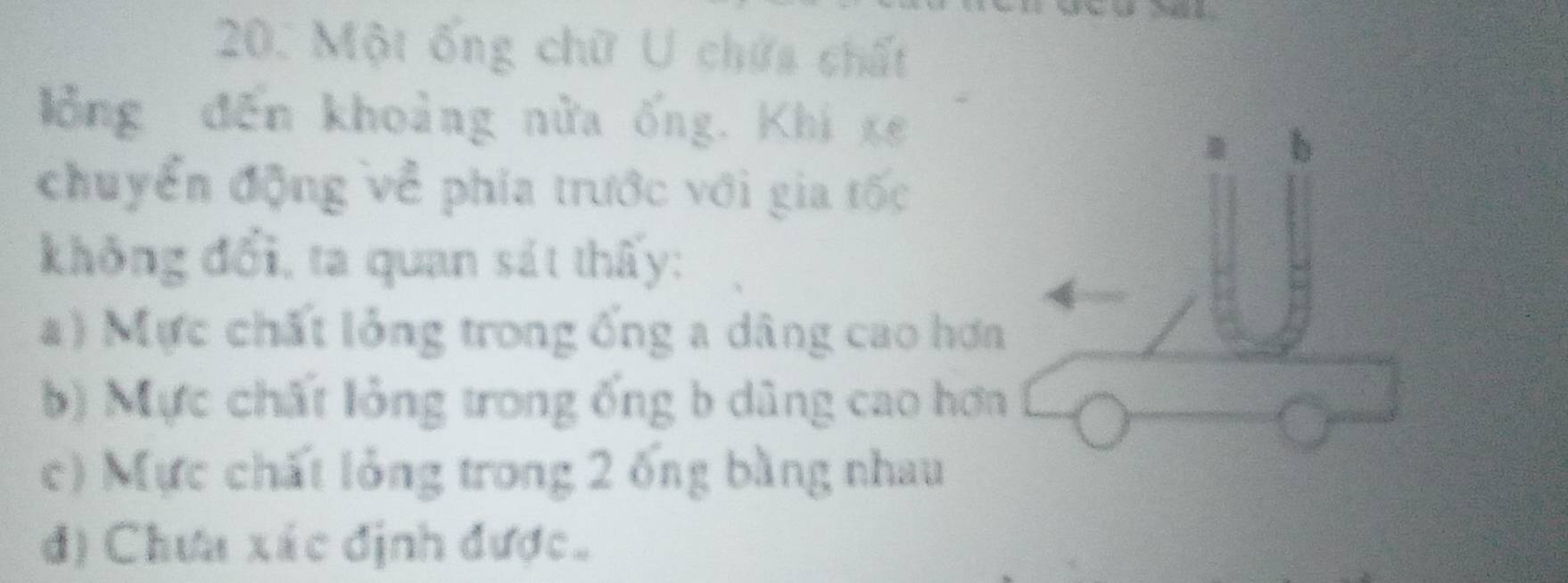 Một ống chữ U chứa chất
lồng đến khoảng nửa ống. Khi e
b
chuyển động về phía trước với gia tốc
không đổi, ta quan sát thấy:
a) Mực chất lỏng trong ống a dâng cao hơn
b) Mực chất lỏng trong ống b dâng cao hơn
c) Mực chất lỏng trong 2 ống bằng nhau
đ) Chưa xác định được.