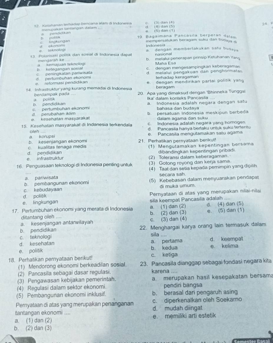 Kelahanan terhadap bencana alam di Indonesia c. (3) dan (4)
merupakan tantangan dalam ... d. (4) dan (5)
a. pendidikan e. (5) dan (1) 24
b. politik 19. Bagaimana Pancasila berperan dalam
c. lingkungan mempersatukan beragam suku dan budaya di
d ekonomi Indonesia
e teknologi a. dengan memberlakukan satu budaya
13. Polarisasi politik dan sosial di Indonesia dapat nasional
mengarah ke b. melalui penerapan prinsip Ketuhanan Yang
E
a. kemajuan teknologi Maha Esa
1
b. ketegangan sosial
c. peningkatan pariwisata c. dengan mengesampingkan keberagaman
d. pertumbuhan ekonomi d. melalui pengakuan dan penghormatan
terhadap keragaman
e. reformasi pendidikan e. dengan mendirikan partai politik yan
14. Infrastruktur yang kurang memadai di Indonesia beragam
berdampak pada .... 20. Apa yang dimaksud dengan 'Bhinneka Tungga
a. politik Ika' dalam konteks Pancasila ....
b. pendidikan a. Indonesia adalah negara dengan satu
c. pertumbuhan ekonomi bahasa dan budaya
d. perubahan iklim b. persatuan Indonesia meskipun berbeda
e. kesehatan masyarakat dalam agama dan suku
15. Kesehatan masyarakat di Indonesia terkendala c. Indonesia adalah negara yang homogen
oleh … d. Pancasila hanya berlaku untuk suku tertentu
a. korupsi e. Pancasila mengutamakan satu agama
b. kesenjangan ekonomi 21. Perhatikan pernyataan berikut!
c. kualitas tenaga medis (1) Mengutamakan kepentingan bersama
d. pendidikan dibandingkan kepentingan pribadi.
e. infrastruktur (2) Toleransi dalam keberagaman.
16. Penguasaan teknologi di Indonesia penting untuk (3) Gotong royong dan kerja sama.
(4) Taat dan setia kepada pemimpin yang dipilih
a. pariwisata secara sah.
b. pembangunan ekonomi (5) Kebebasan dalam menyuarakan pendapat
c. kebudayaan di muka umum.
d. politik Pernyataan di atas yang merupakan nilai-nilai
e. lingkungan sila keempat Pancasila adalah
17. Pertumbuhan ekonomi yang merata di Indonesia a. (1) dan (2) d. (4) dan (5)
ditantang oleh .... b. (2) dan (3) e. (5) dan (1)
a. kesenjangan antarwilayah c. (3) dan (4)
b. pendidikan 22. Menghargai karya orang lain termasuk dalam
c. teknologi
sila ....
d. kesehatan a. pertama d. keempat
e. politik b. kedua e. kelima
18. Perhatikan pernyataan berikut! c. ketiga
(1) Mendorong ekonomi berkeadilan sosial. 23. Pancasila dianggap sebagai fondasi negara kita
(2) Pancasila sebagai dasar regulasi. karena ....
(3) Pengawasan kebijakan pemerintah. a. merupakan hasil kesepakatan bersama
(4) Regulasi dalam sektor ekonomi. pendiri bangsa
(5) Pembangunan ekonomi inklusif. b. berasal dari pengaruh asing
Pernyataan di atas yang merupakan penanganan c. diperkenalkan oleh Soekarno
d. mudah diingat
tantangan ekonomi ....
a. (1) dan (2) e. memiliki arti estetik
b. (2) dan (3)