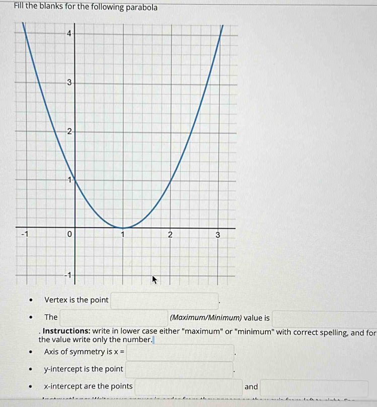 Fill the blanks for the following parabola 
Vertex is the point □. 
The □ (Mɑximum/Minimum) value is □ 
Instructions: write in lower case either "maximum" or "minimum" with correct spelling, and for 
the value write only the number. 
Axis of symmetry is;x=□. 
y-intercept is the point □. 
x-intercept are the points □ and □