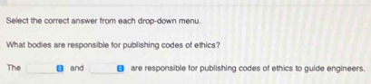 Select the correct answer from each drop-down menu. 
What bodies are responsible for publishing codes of ethics? 
The a and € are responsible for publishing codes of ethics to guide engineers.