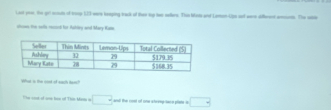 Last yoar, the grt ocouts of troop 123 were keeping track of their top two sellers. Thin Mints and Lemon-Ups se were different amounts. The sbiv 
shows the sells record for Ashley and Mary Kate 
What is the cost of each item? 
The cost of one box of Thin Mints = □ and the cost of one shrimp taco plate is □