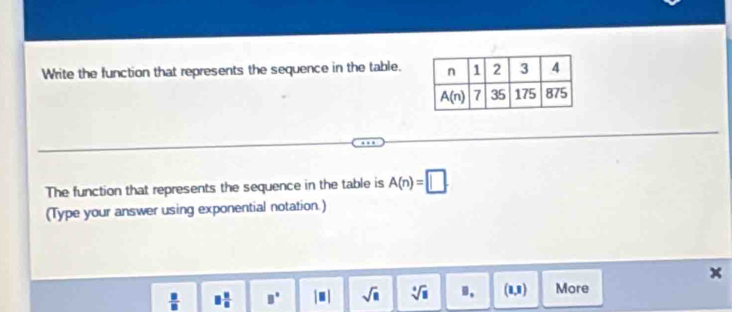 Write the function that represents the sequence in the table.
The function that represents the sequence in the table is A(n)=□ .
(Type your answer using exponential notation.)
x
 □ /□   □  □ /□   B° |□ | sqrt(□ ) sqrt[4](8). |□ I More