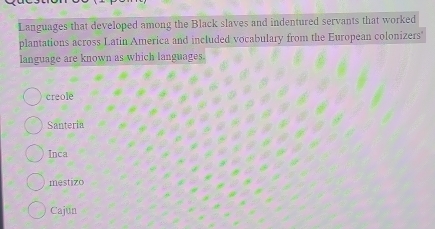 Languages that developed among the Black slaves and indentured servants ...