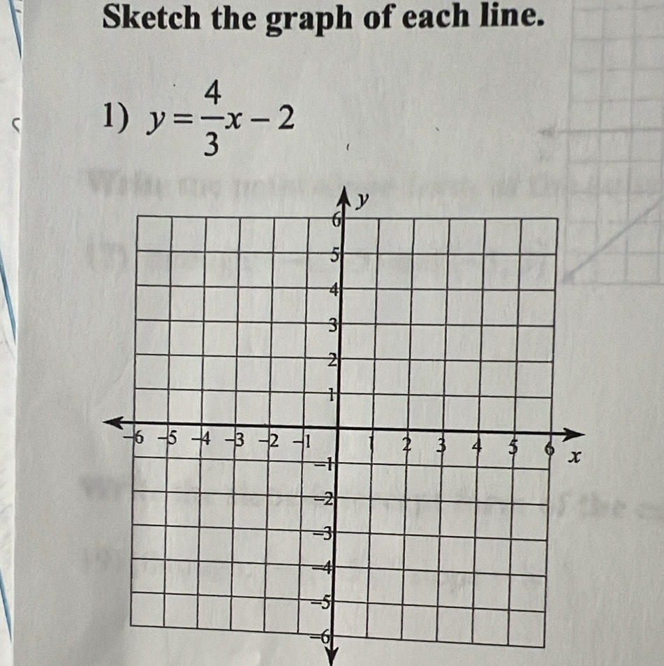 Sketch the graph of each line. 
1) y= 4/3 x-2