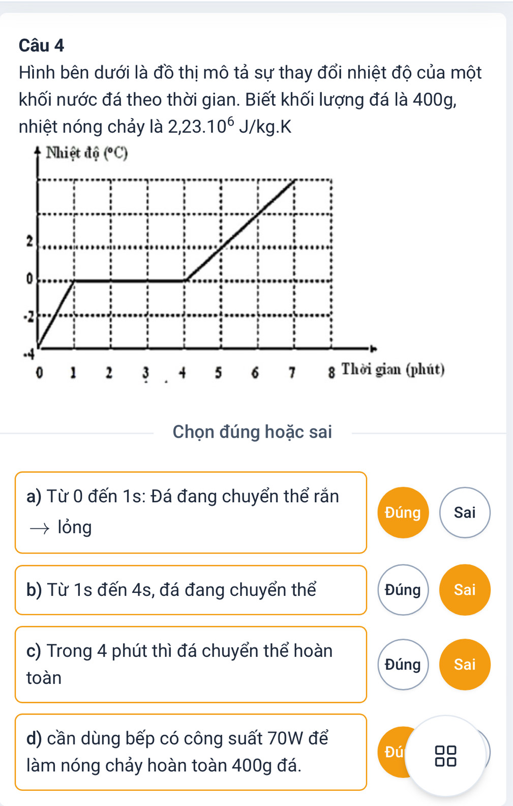 Hình bên dưới là đồ thị mô tả sự thay đổi nhiệt độ của một
khối nước đá theo thời gian. Biết khối lượng đá là 400g,
nhiệt nóng chảy là 2,23.10^6J/kg.K
Chọn đúng hoặc sai
a) Từ 0 đến 1s: Đá đang chuyển thể rắn
Đúng Sai
lỏng
b) Từ 1s đến 4s, đá đang chuyển thể Đúng Sai
c) Trong 4 phút thì đá chuyển thể hoàn
Đúng Sai
toàn
d) cần dùng bếp có công suất 70W để
Đú □□
làm nóng chảy hoàn toàn 400g đá.
□□