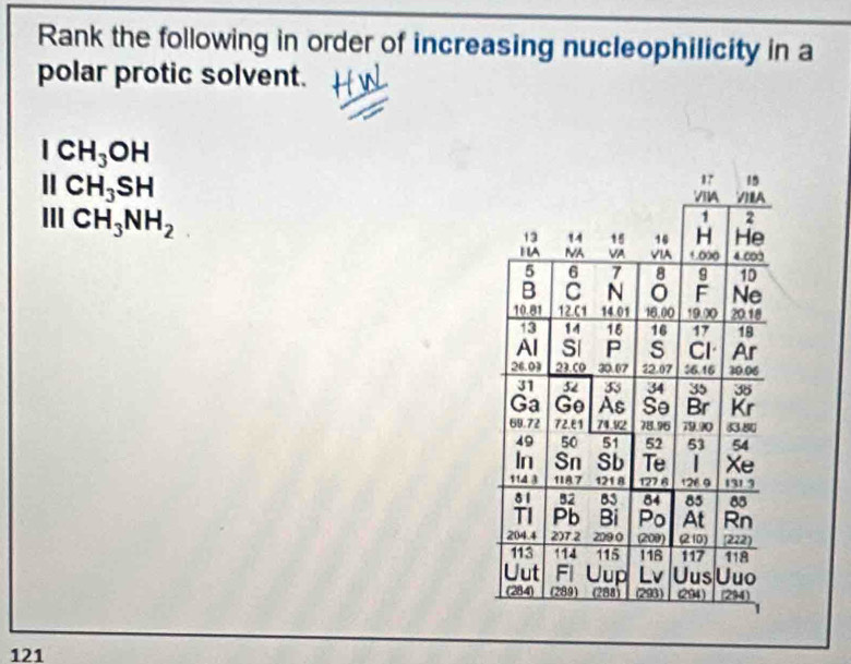 Rank the following in order of increasing nucleophilicity in a 
polar protic solvent.
ICH_3OH
IICH_3SH
III CH_3NH_2
121