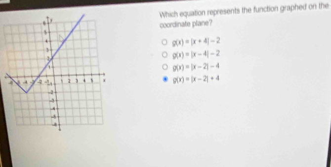 Which equation represents the function graphed on the
coordinate plane?
g(x)=|x+4|-2
g(x)=|x-4|-2
g(x)=|x-2|-4
g(x)=|x-2|+4