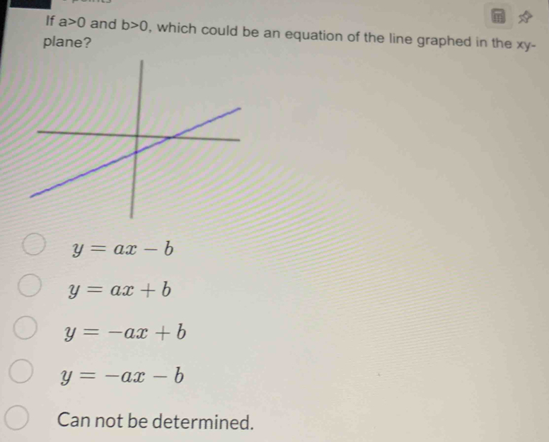 If a>0 and b>0 , which could be an equation of the line graphed in the xy -
plane?
y=ax-b
y=ax+b
y=-ax+b
y=-ax-b
Can not be determined.