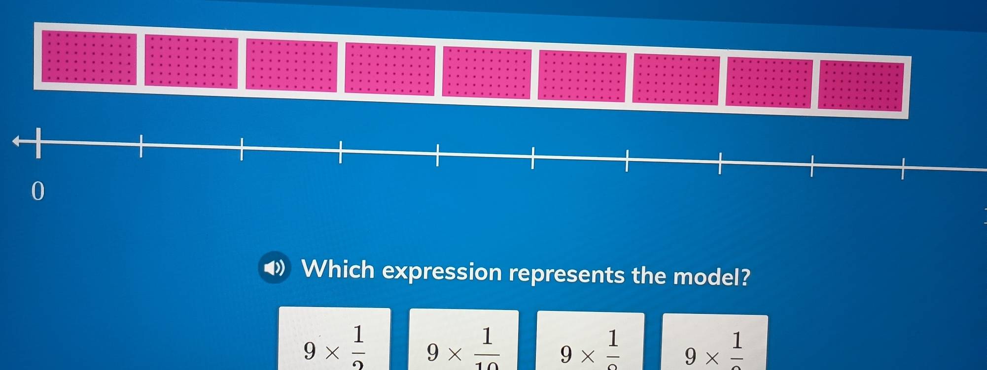 ◀ Which expression represents the model?
9*  1/2 
9*  1/10 
9*  1/2 
9*  1/2 