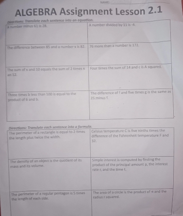 NAMIE_ 
ALGEBRA Assignment Lesson 2.1