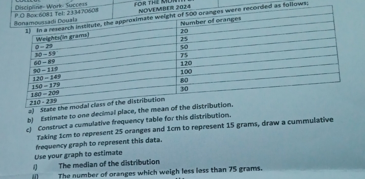 ork- Success 
4 
FOR THE MON 
d as follows; 
b) Estimate to one decimal 
c) Construct a cumulative frequency table for this distribution. 
Taking 1cm to represent 25 oranges and 1cm to represent 15 grams, draw a cummulative 
frequency graph to represent this data. 
Use your graph to estimate 
í) The median of the distribution 
ii) The number of oranges which weigh less less than 75 grams.