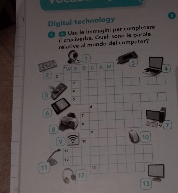 Digital technology 
3 
1 Usa le immagini per completare 
il cruciverba. Quali sono le parole 
relative al mondo del computer?
1
3
1W E B C A M
4
2 2
3
4
5
5
6
6
7
8
0 7
8
9
10
9 10
11
12
11
13
12
13