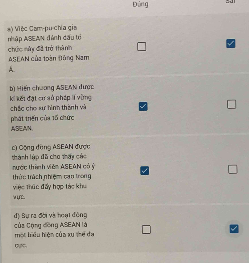 Đúng Sal
a) Việc Cam-pu-chia gia
nhập ASEAN đánh dấu tổ
chức này đã trở thành V
ASEAN của toàn Đông Nam
A.
b) Hiến chương ASEAN được
kí kết đặt cơ sở pháp lí vững
chắc cho sự hình thành và
phát triển của tổ chức
ASEAN.
c) Cộng đồng ASEAN được
thành lập đã cho thấy các
hước thành viên ASEAN có ý
thức trách nhiệm cao trong
việc thúc đấy hợp tác khu
vực.
d) Sự ra đời và hoạt động
của Cộng đồng ASEAN là
một biểu hiện của xu thế đa
cực.