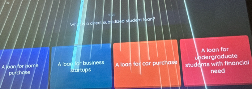 Wh a direct subsidized student loan?
A loan for
undergraduate
A loan for home A loan for business A loan for car purchase students with financial
purchase startups need