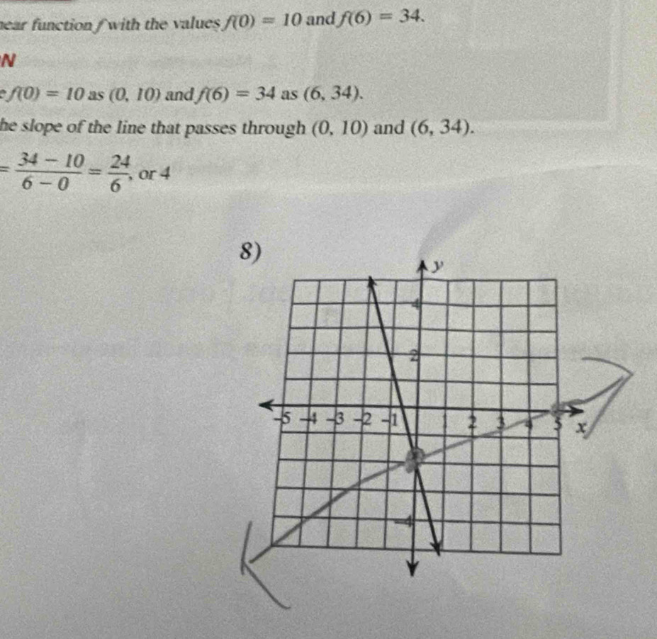 hear function / with the values f(0)=10 and f(6)=34. 
N 
a f(0)=10 as (0,10) and f(6)=34 as (6,34). 
he slope of the line that passes through (0,10) and (6,34).
= (34-10)/6-0 = 24/6  or 4