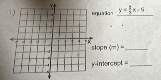 quation y= 8/3 x-5
lope (m)= _ 
-intercept =_